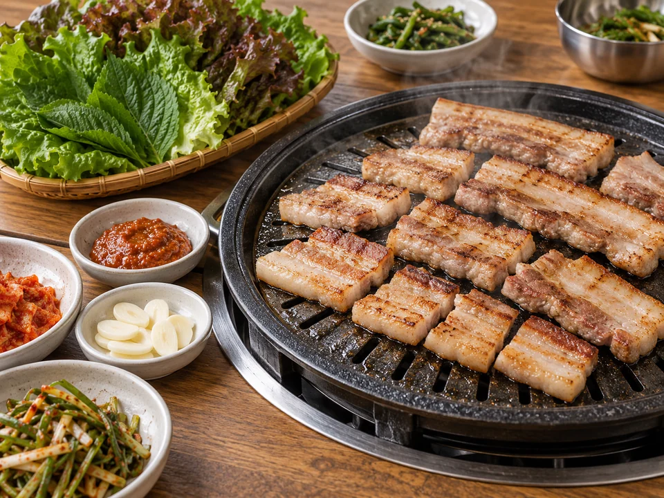 삼겹살 — Grilled pork belly — a beloved Korean BBQ staple