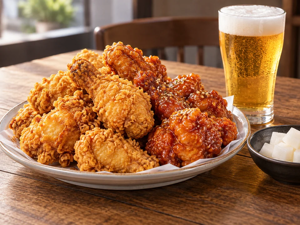 치킨 — Korean fried chicken — double-fried for extra crunch, often eaten with beer