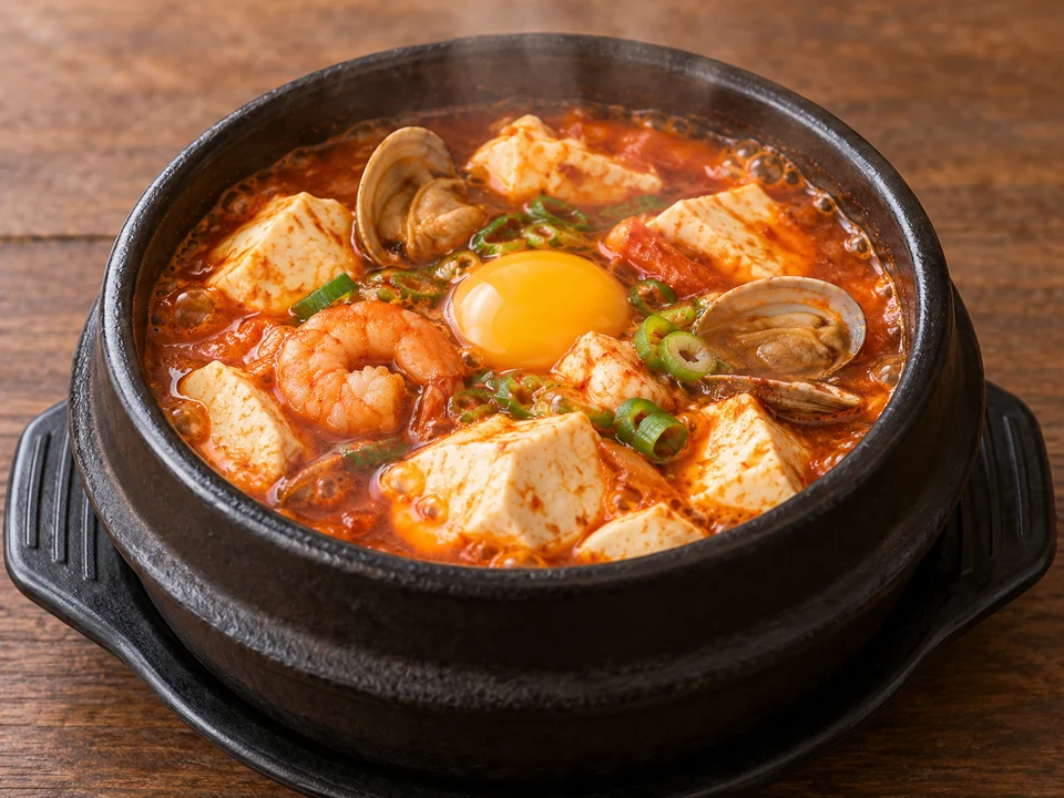 순두부 — Soft tofu stew — a spicy, silky broth with egg and seafood