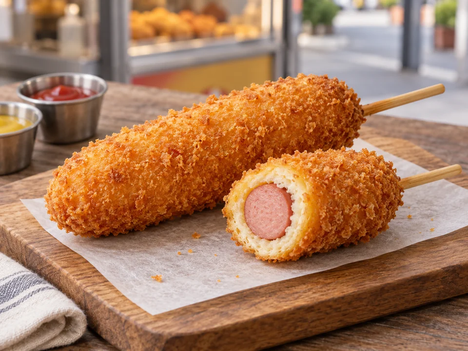핫도그 — Corn dog — in Korea, 핫도그 refers to the corn dog, not a hot dog bun