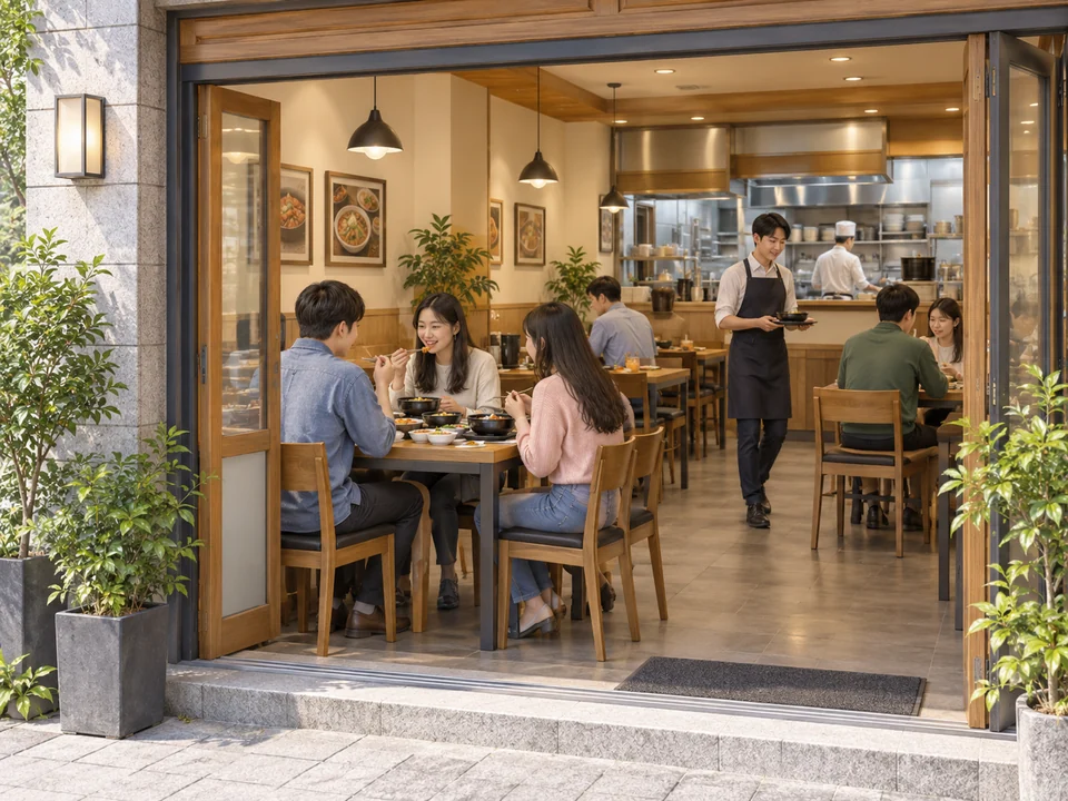식당 — restaurant — ㄱ batchim triggers tensification: ㄷ→ㄸ, sounds like 식땅