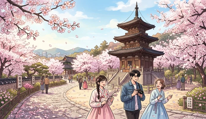 Gyeongju historic pagoda and cherry blossoms